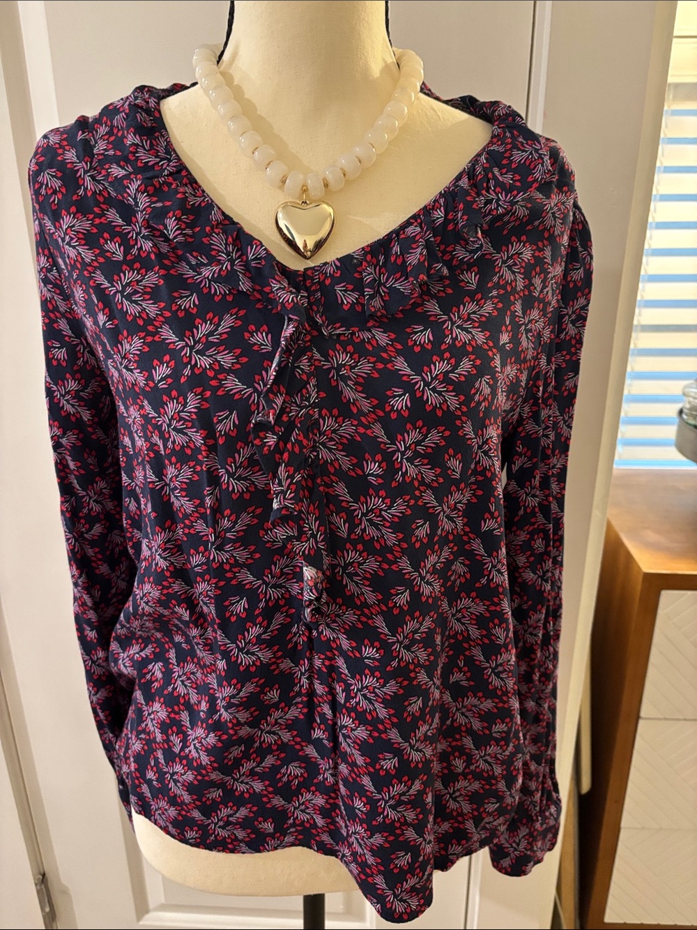 LOFT Navy Blouse with Pink Floral Print